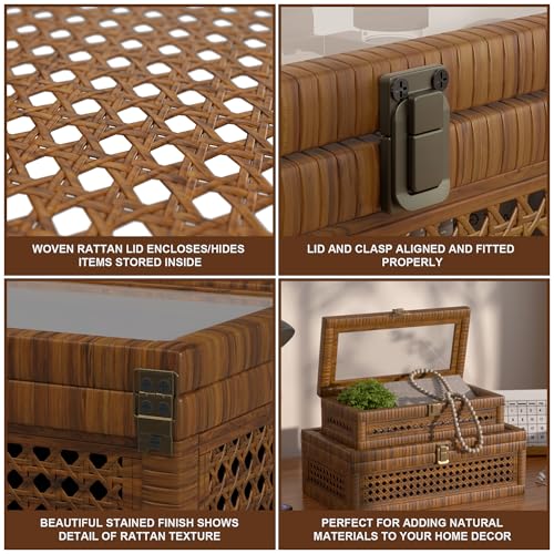 Rattan Decorative Box,Boho Display Boxes with Lids,Set of 2 Rectangular Wicker Storage Decoration,Natural Woven Cane Bins for Home Decor for Rustic Farmhouse(Yellow and Black)