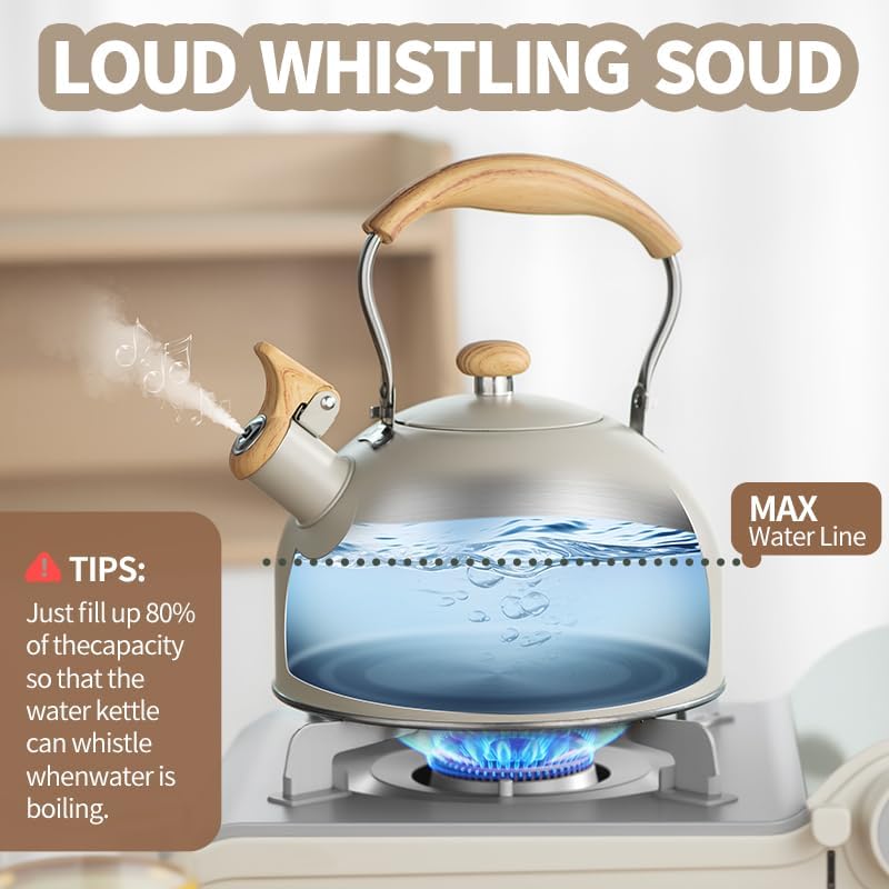 Stove Top Kettle, 2.5 Quart Whistling Kettle for Gas Hob with Wood Pattern Handle Loud Whistle Food Grade Stainless Steel, Anti-Hot Handle and Anti-Rust, Suitable for All Heat Sources