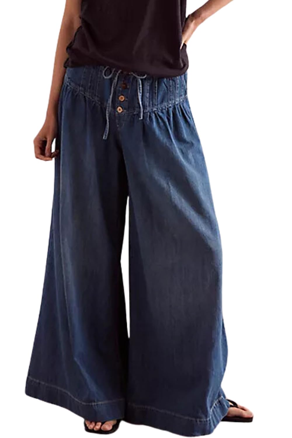 yoeasy Womens Wide Leg Jeans Elastic Drawstring Waisted Casual Loose Flare Denim Pants Baggy Boyfriend Jeans