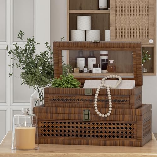 Rattan Decorative Box,Boho Display Boxes with Lids,Set of 2 Rectangular Wicker Storage Decoration,Natural Woven Cane Bins for Home Decor for Rustic Farmhouse(Yellow and Black)