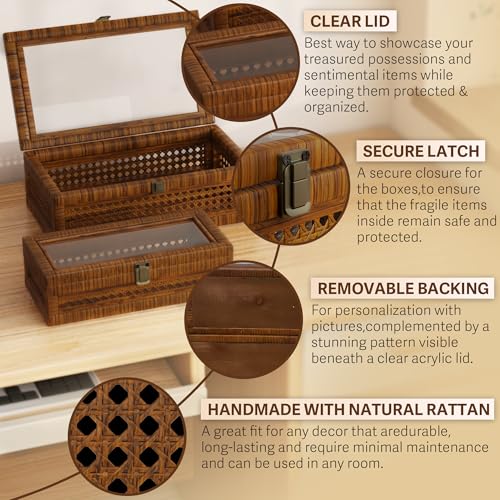 Rattan Decorative Box,Boho Display Boxes with Lids,Set of 2 Rectangular Wicker Storage Decoration,Natural Woven Cane Bins for Home Decor for Rustic Farmhouse(Yellow and Black)