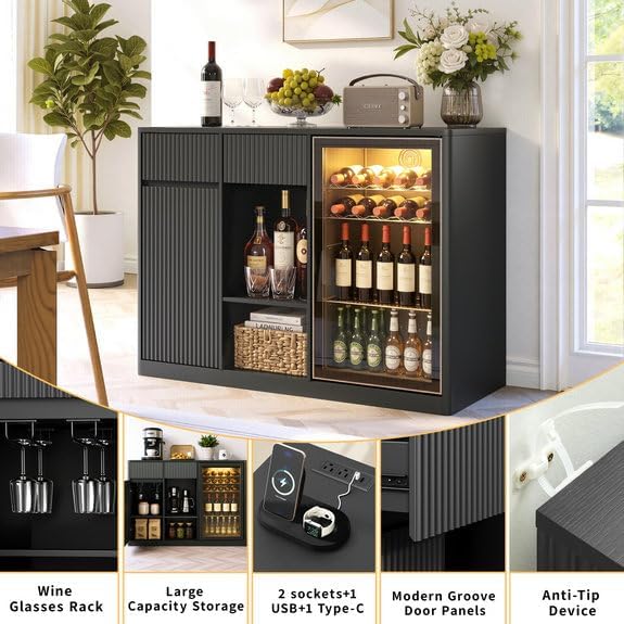 51" Modern Coffee Bar Cabinet with Fridge Space & 2 Drawers