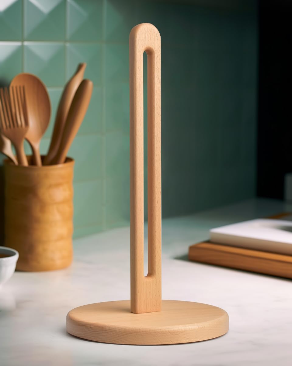 KitchLife Acacia Wooden Paper Towel Holder Countertop, 6.5" Jumbo Base, Fits Jumbo Rolls, Large Freestanding Dark Wood Paper Towel Stand Upgraded Dispenser Organizer with Non-Slip Base