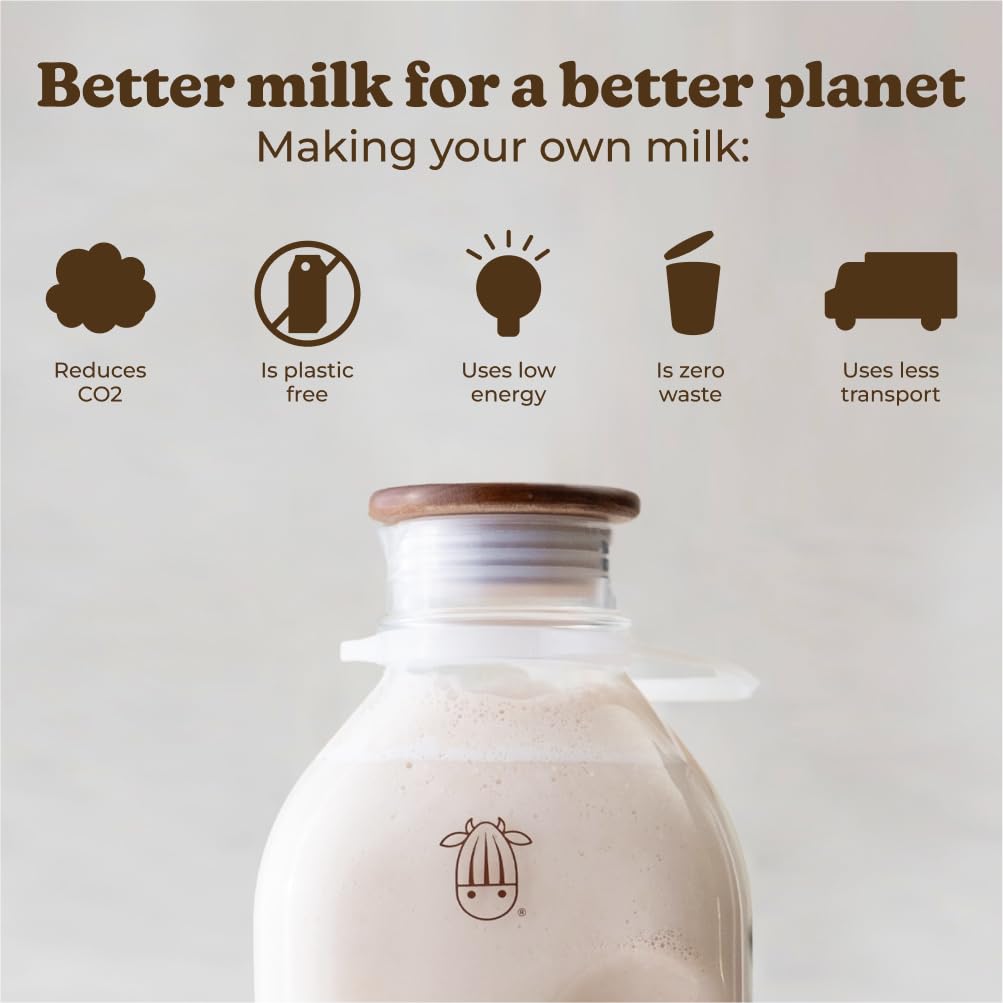 Almond Cow - Glass Pitcher with Lid and Spout, Glass Bottle Milk Container for Refrigerator, Clear Milk Jar Bottles, Food-Grade Liquid Container - 60 fl oz Capacity, 5 x 4 x 10 Inches