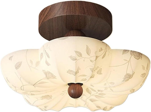 Vintage Fabric Floral Shade Semi Flush Mount Ceiling Light