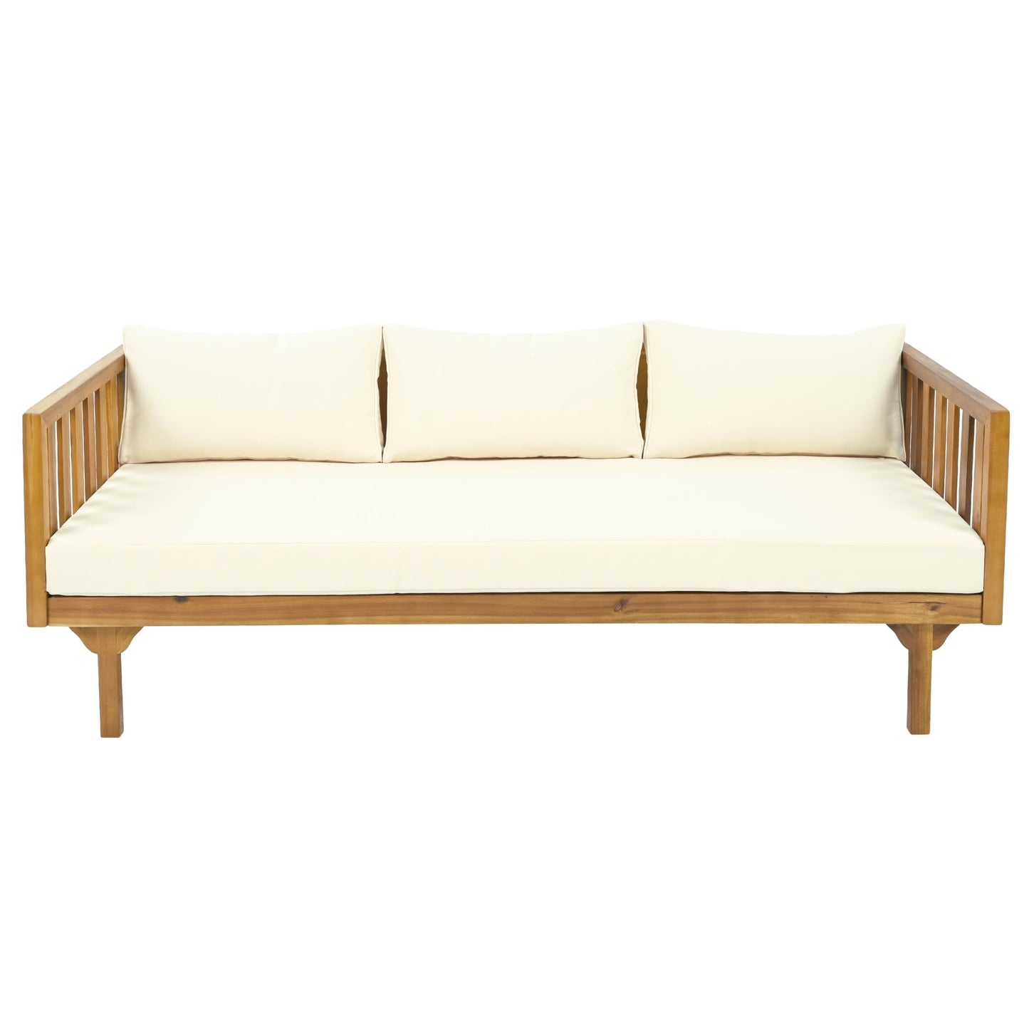 Outdoor Acacia Wood Conversation Set, 3-Seat Loveseat Sofa w/Cushion and Round Coffee Table for Backyard, Patio Furniture, Teak+Beige