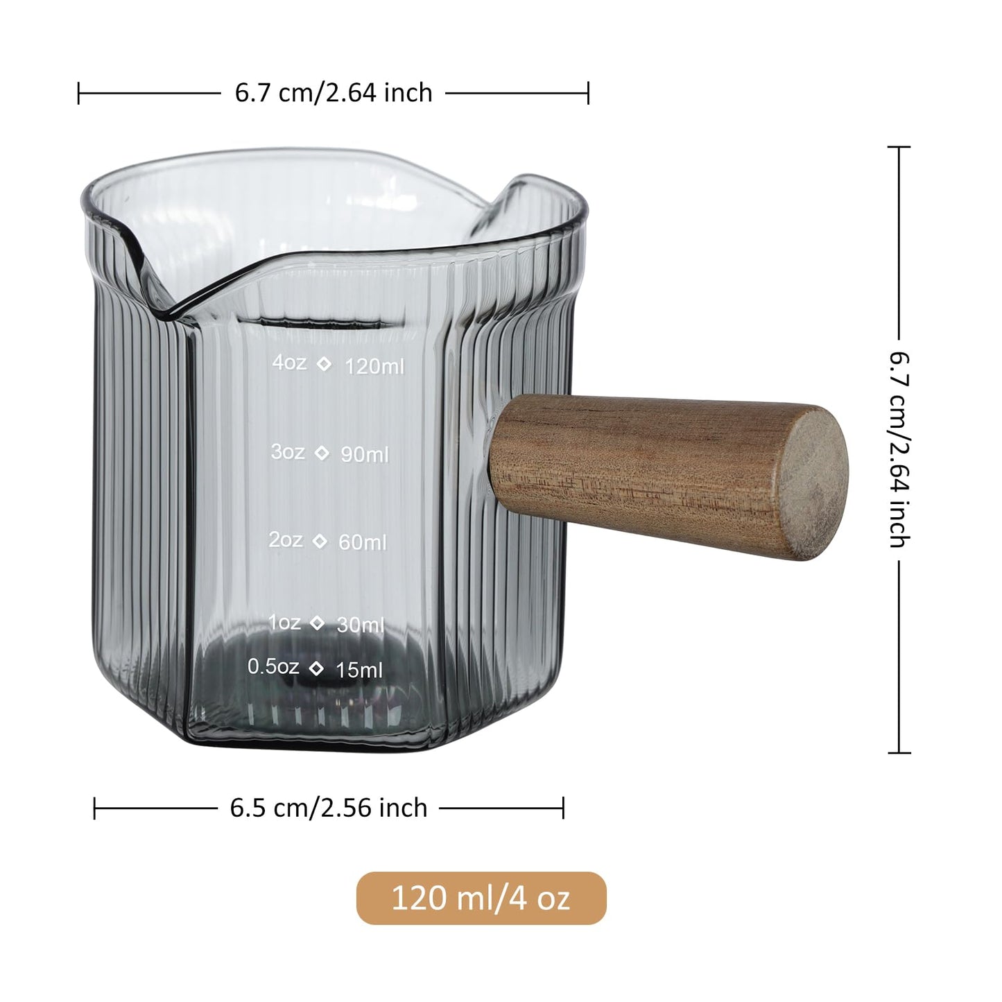 Joeyan 6 oz Glass Measuring Cups with Spout,Borosilicate Glass Triple Pitcher with Scale,Origami Style Espresso Shot Glasses with Wood Handle for Coffee Milk,Dishwasher Safe