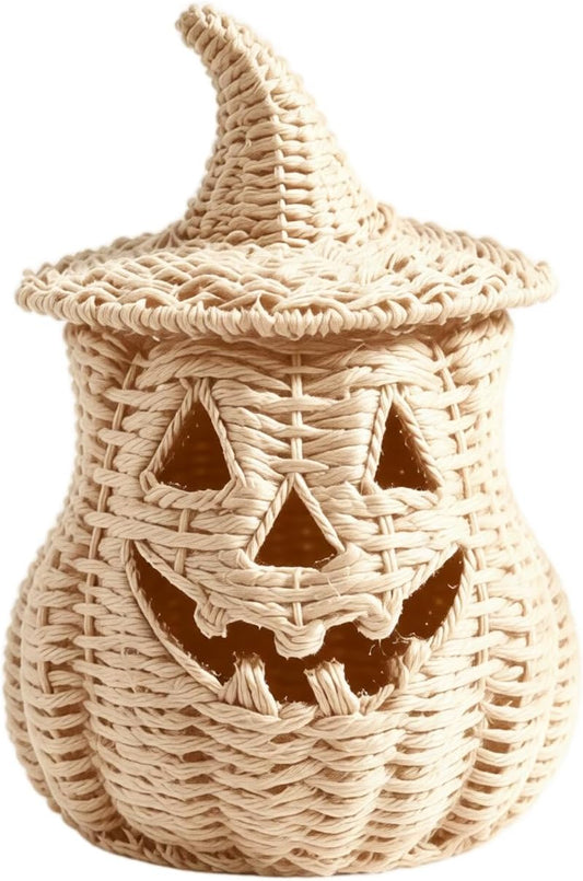 Rattan Lantern Pumpkin Candle Holder with Witch Hat Shape Lid