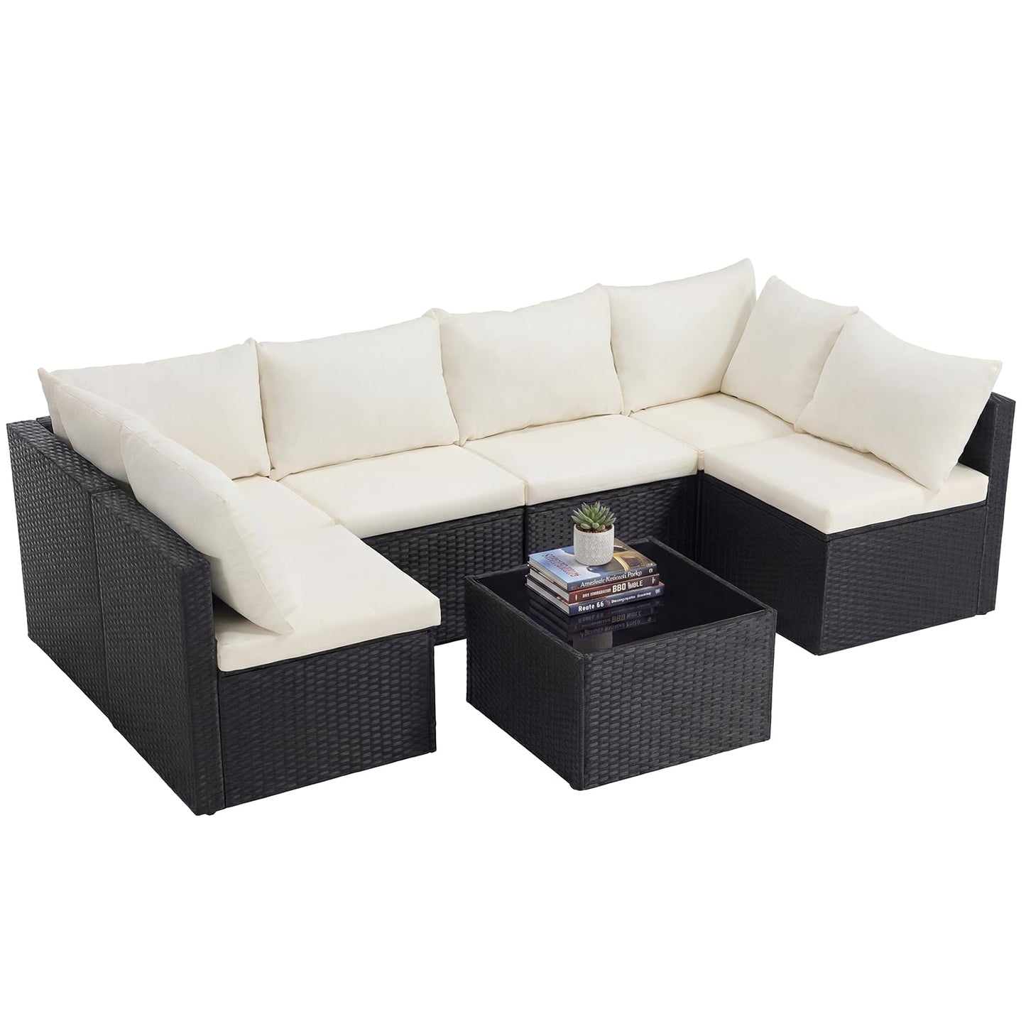 Sweetcrispy 7-Piece Outdoor Patio Sectional Sofa, Modular PE Wicker Outdoor Sectional with Thick Cushions, Rattan Patio Sofa Set with Coffee Table for Backyard, Poolside, Garden, Deck, Brown