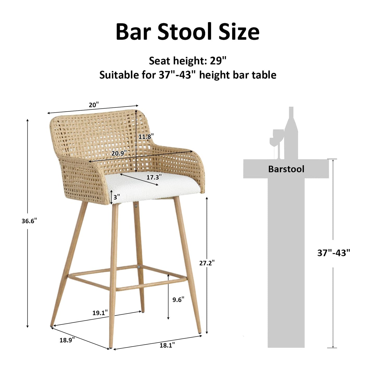Rattan Bar Stools Set of 2, Counter Height Wicker Bar Stools with Square Back, Square Bar Chair with PE Rattan with Metal Legs,Chair for Home Kitchen