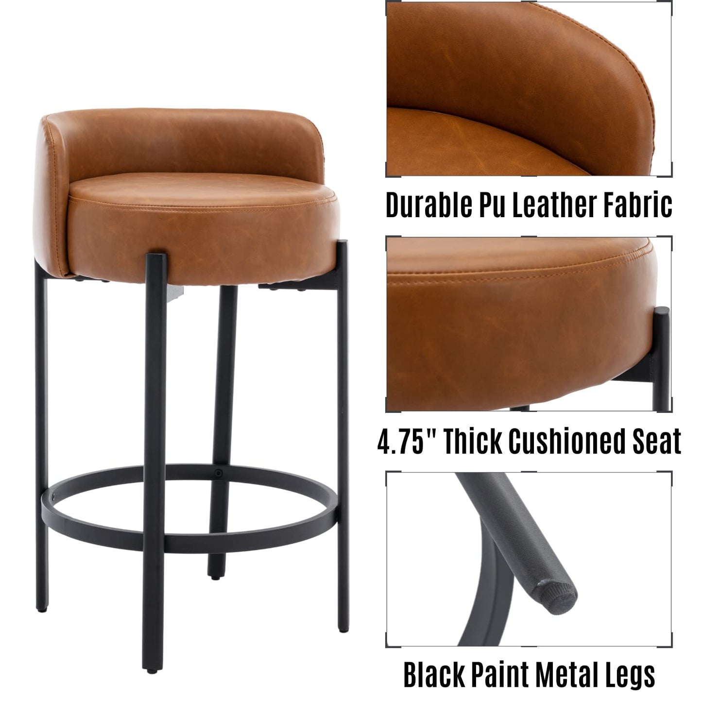 LukeAlon Mid Century Linen Counter Stools Set of 3, Upholstered 26.5" Seat Height Low Barstools with Natural Wood Legs Round Low Back Kitchen Stools with Footrest for Dining Room, Beige