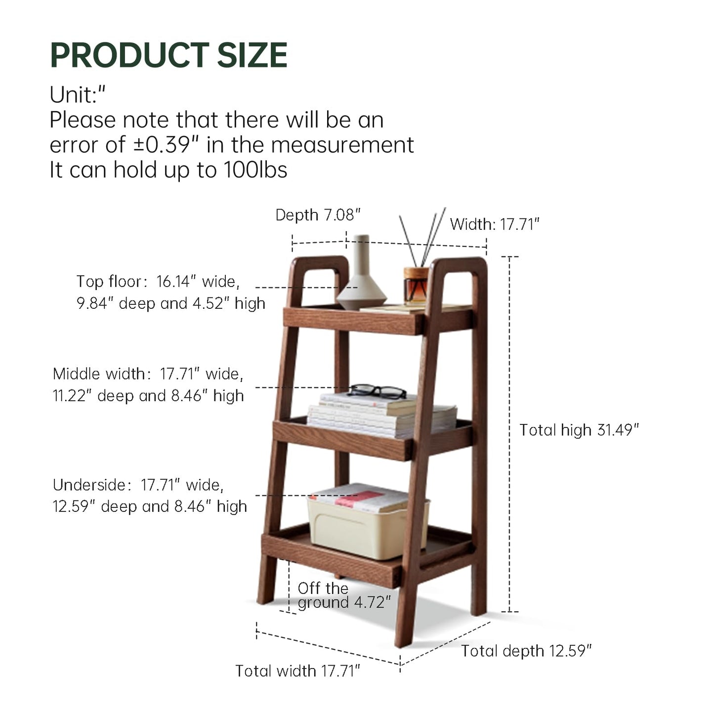 Solid Oak 3 Tier Ladder Bookshelf