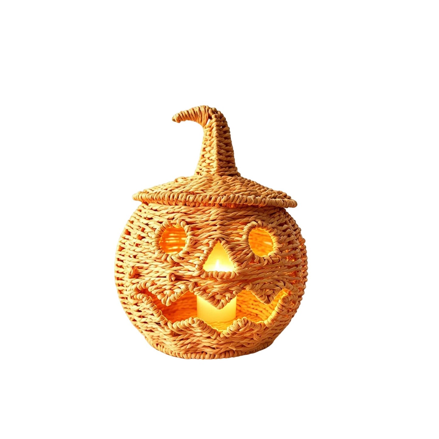 Rattan Lantern Pumpkin Candle Holder with Witch Hat Shape Lid