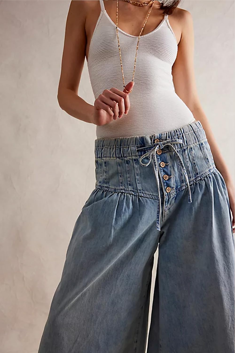 yoeasy Womens Wide Leg Jeans Elastic Drawstring Waisted Casual Loose Flare Denim Pants Baggy Boyfriend Jeans