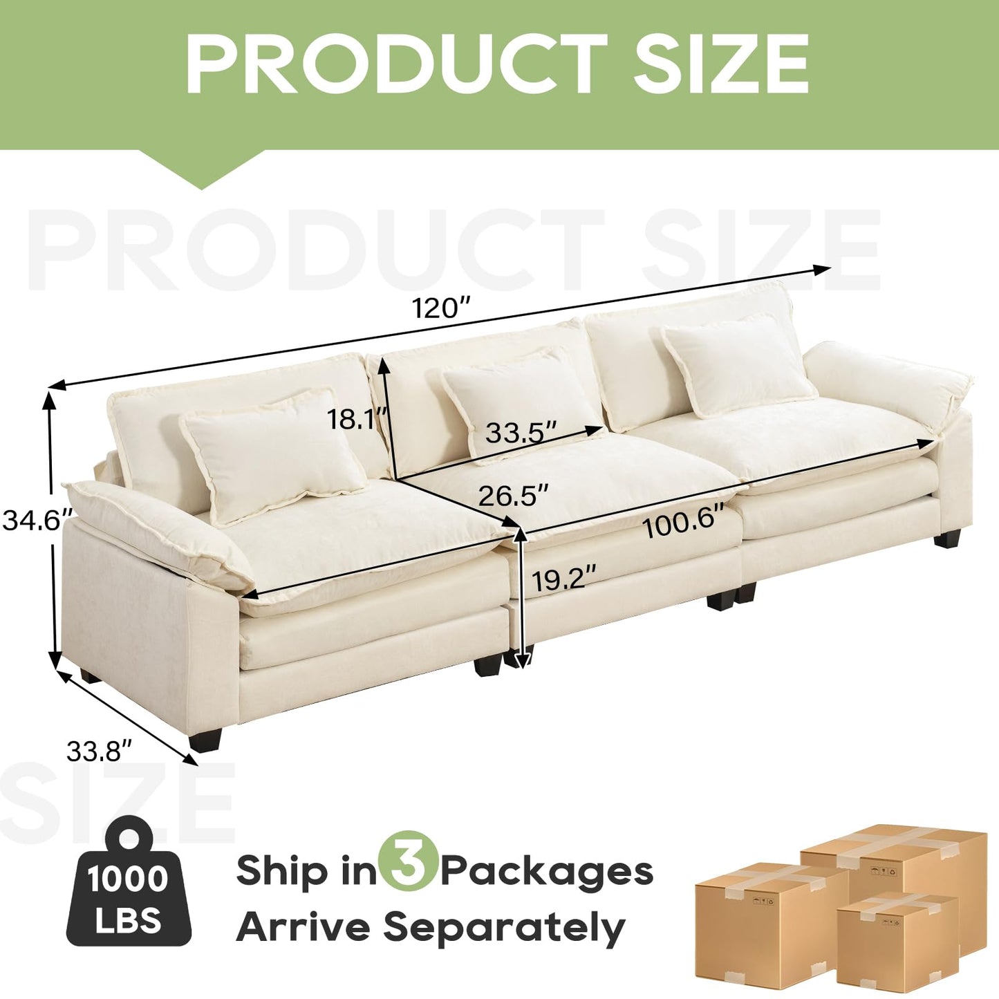 120" Modular Sectional Sofa, Comfy Cloud Couch Sectional Sofa with Ottoman, Chenille Sofa Sleeper Deep Seat Sofa with Throw Pillows for Living Room (Beige White, 120"- U Shape)