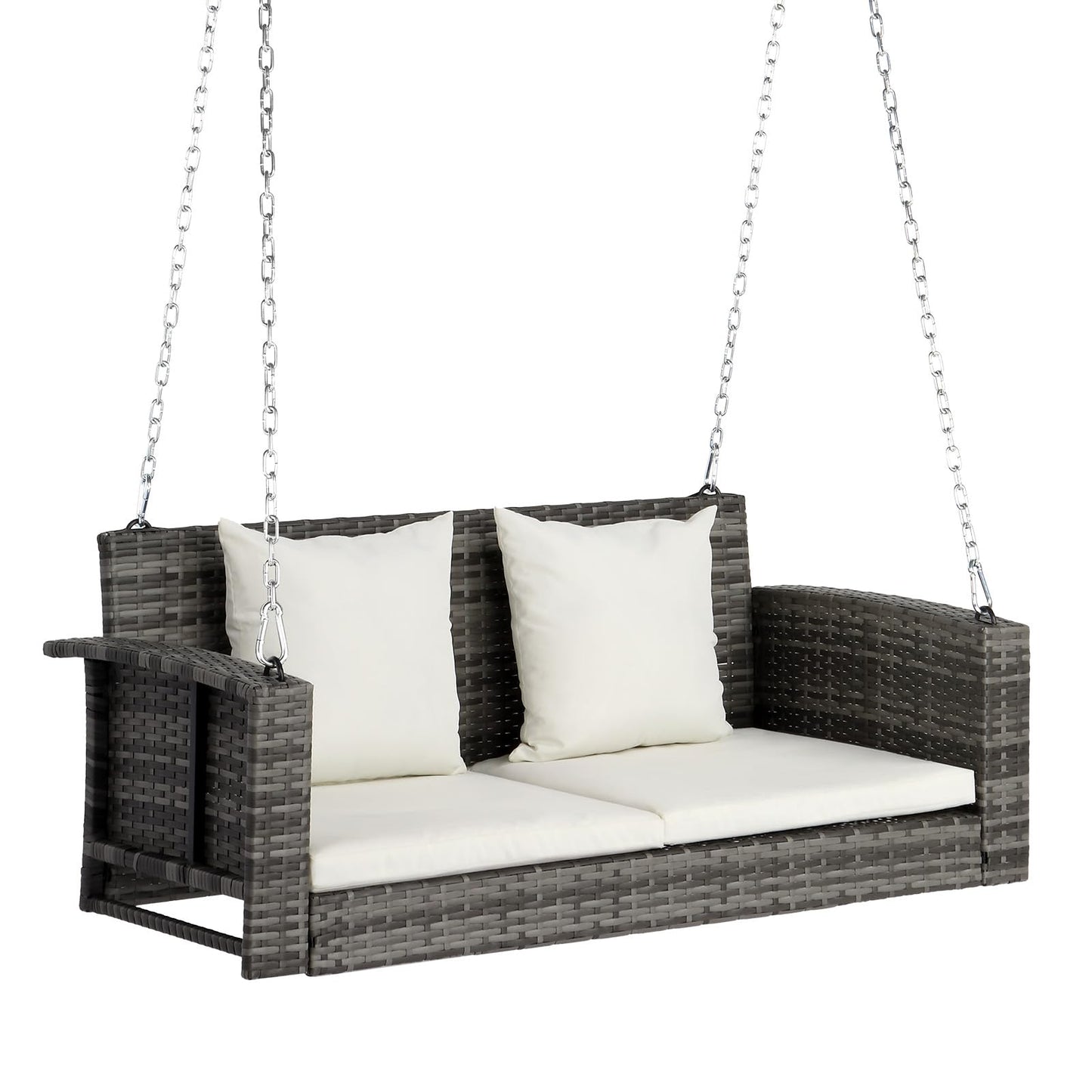 VINGLI 2.4 FT 1-Person Use Round Rattan Porch Swing Outdoor Support 440 LBS with Cushions & Adjustable Chains, Patio Wicker Swing Bench Chair for Garden, Yard, Lawn, Tree, Brown