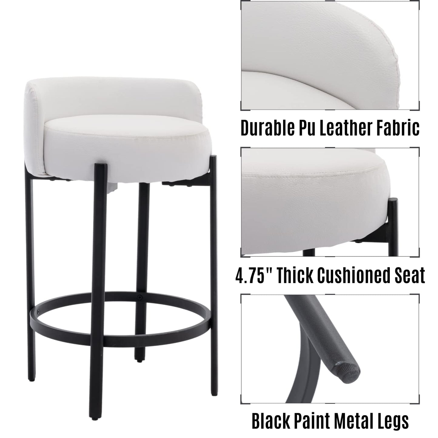LukeAlon Mid Century Linen Counter Stools Set of 3, Upholstered 26.5" Seat Height Low Barstools with Natural Wood Legs Round Low Back Kitchen Stools with Footrest for Dining Room, Beige