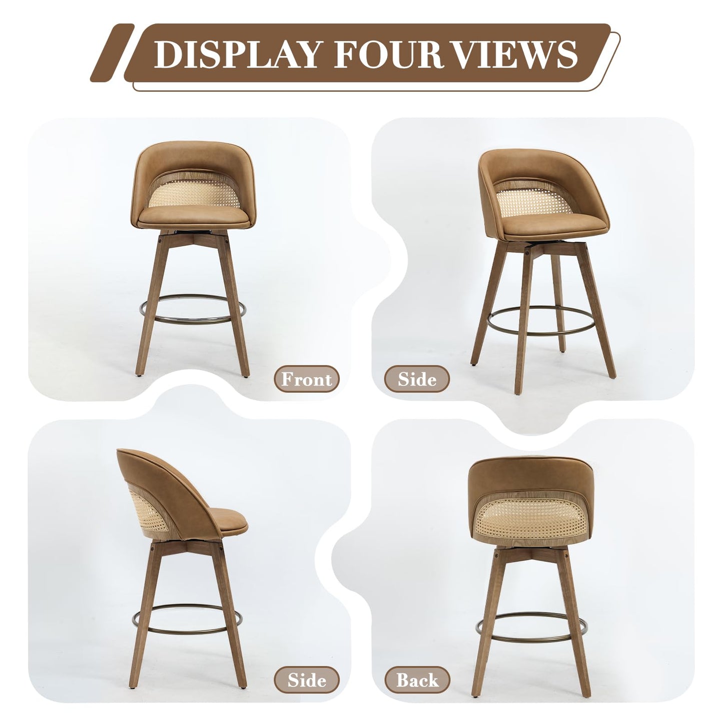 EALSON Bar Stools Set of 4, 26" Swivel Barstools with Rattan Backrest, Modern Faux Leather Upholstered Counter Height Bar Stools with Wood Legs & Bronze Footrest for Kitchen Island/Living Room, Brown