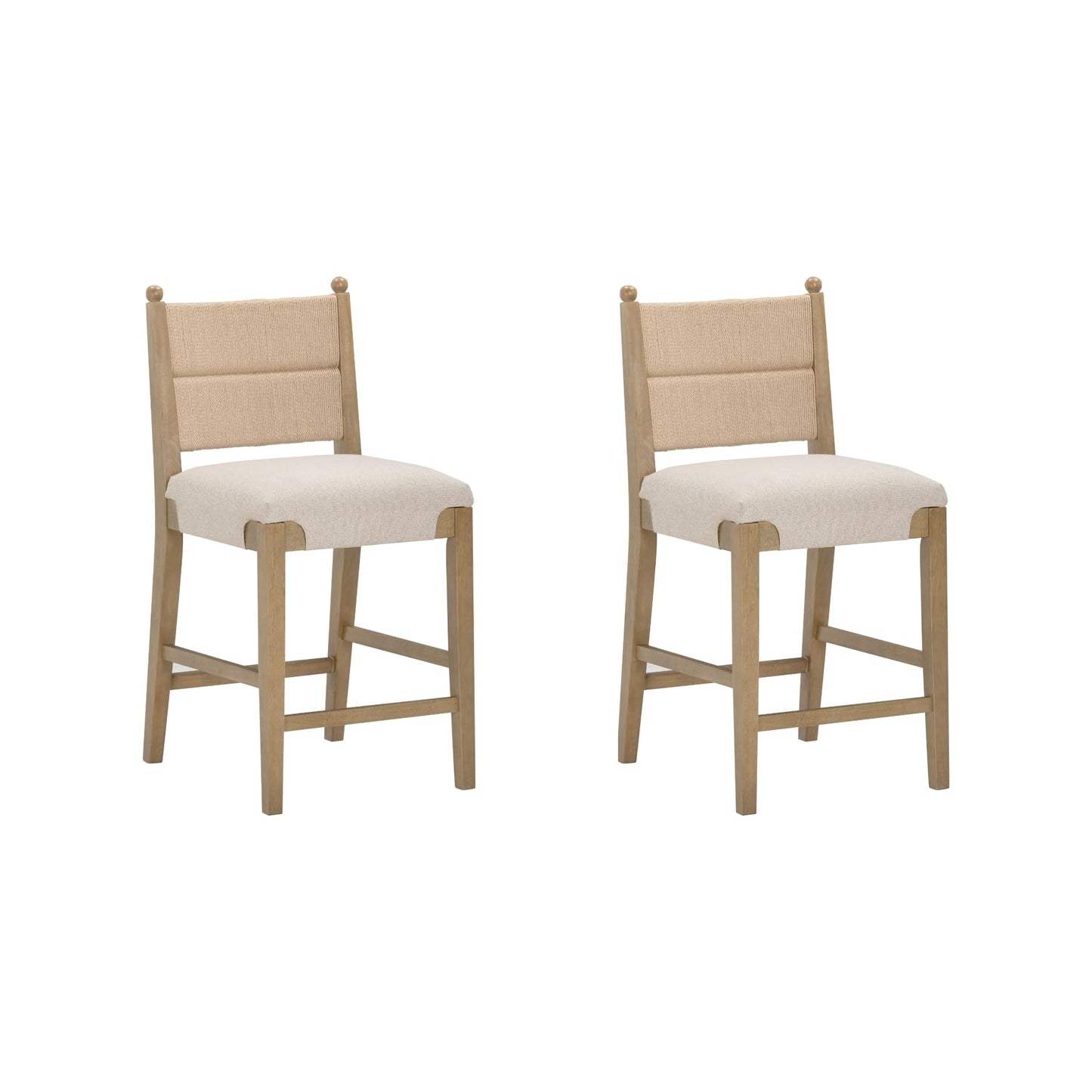 Nathan James Rikki Seagrass Bar Stool with Back, 2-Pack Boucle Counter Stool with Upholstered Seat, Solid Wood Frame, and Woven Seagrass Backrest