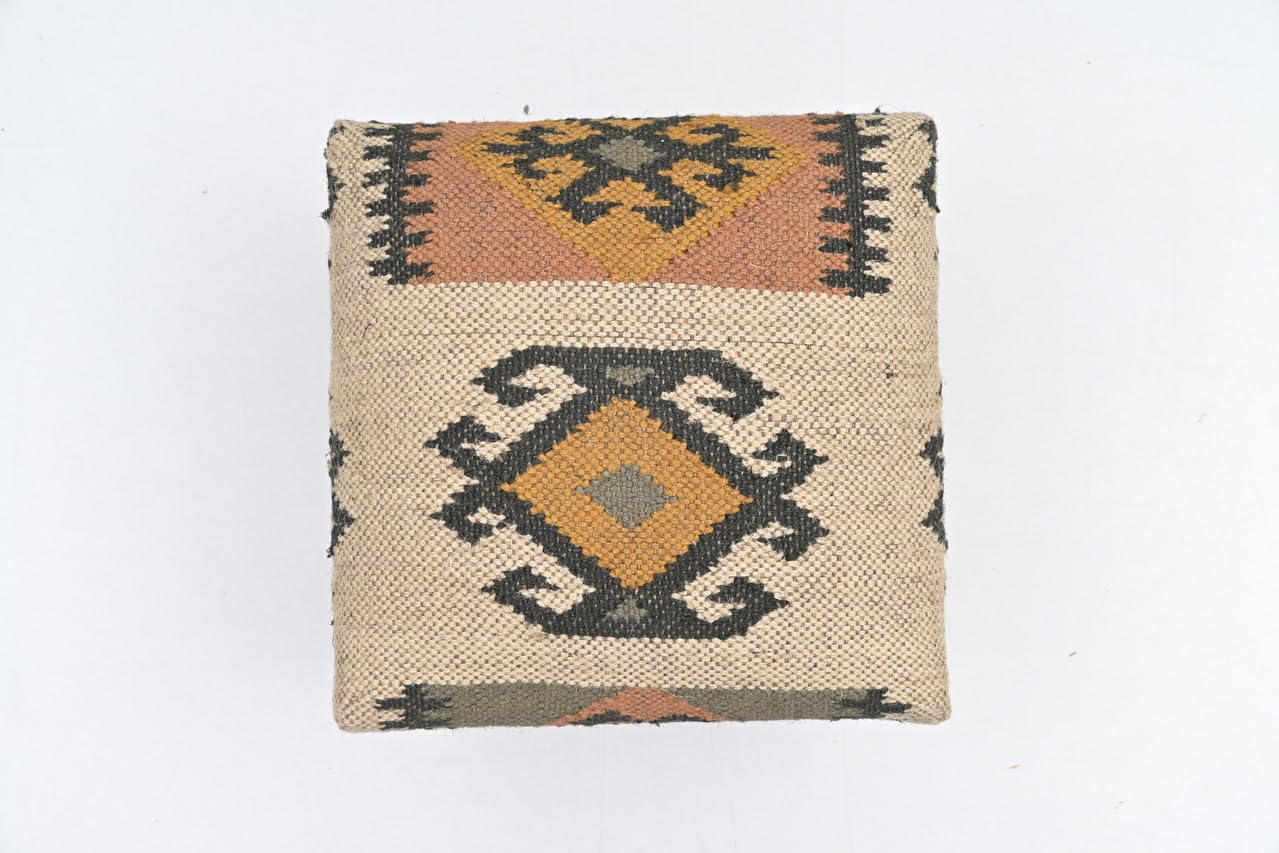 Handmade Jute Ottoman Stool with Wooden Legs