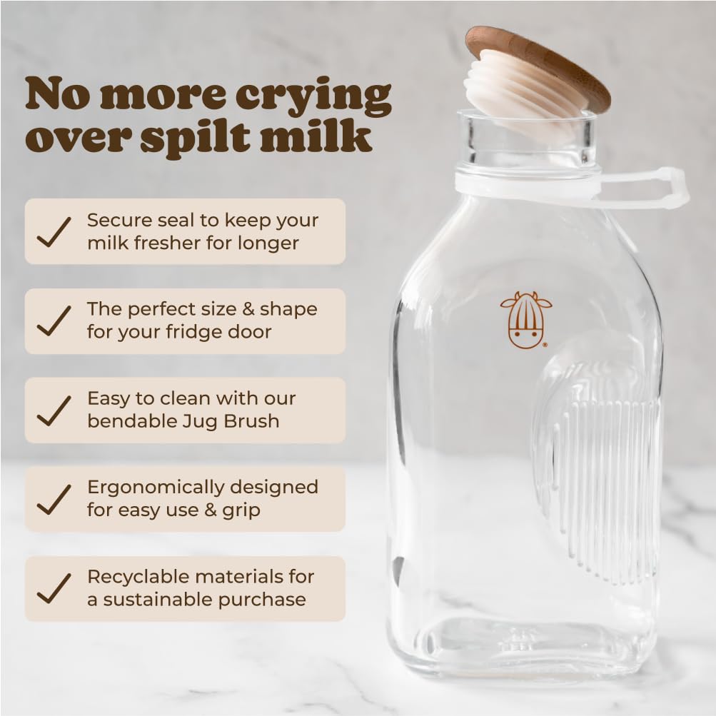 Almond Cow - Glass Pitcher with Lid and Spout, Glass Bottle Milk Container for Refrigerator, Clear Milk Jar Bottles, Food-Grade Liquid Container - 60 fl oz Capacity, 5 x 4 x 10 Inches