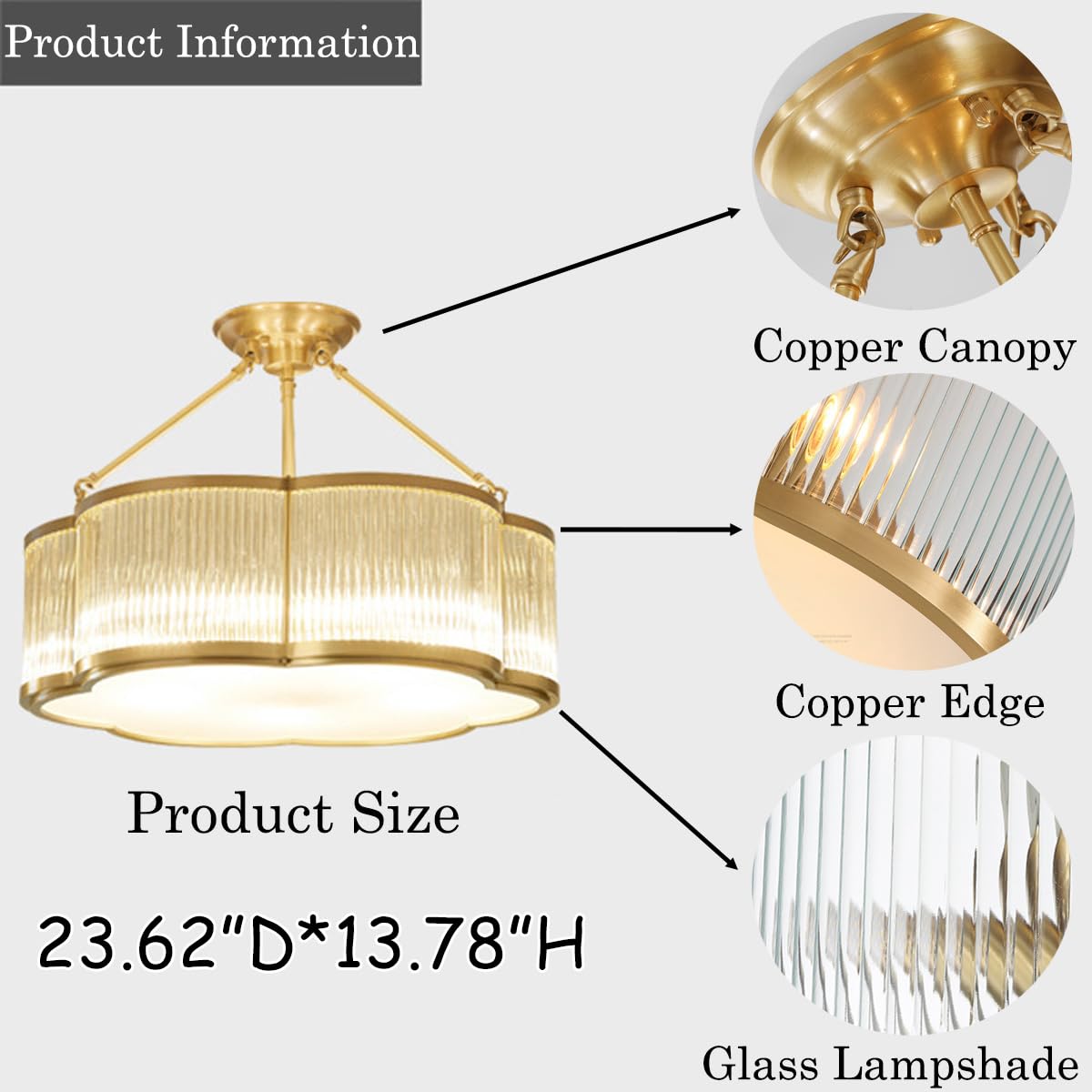 Vintage Style Brass Flush Mount Chandelier