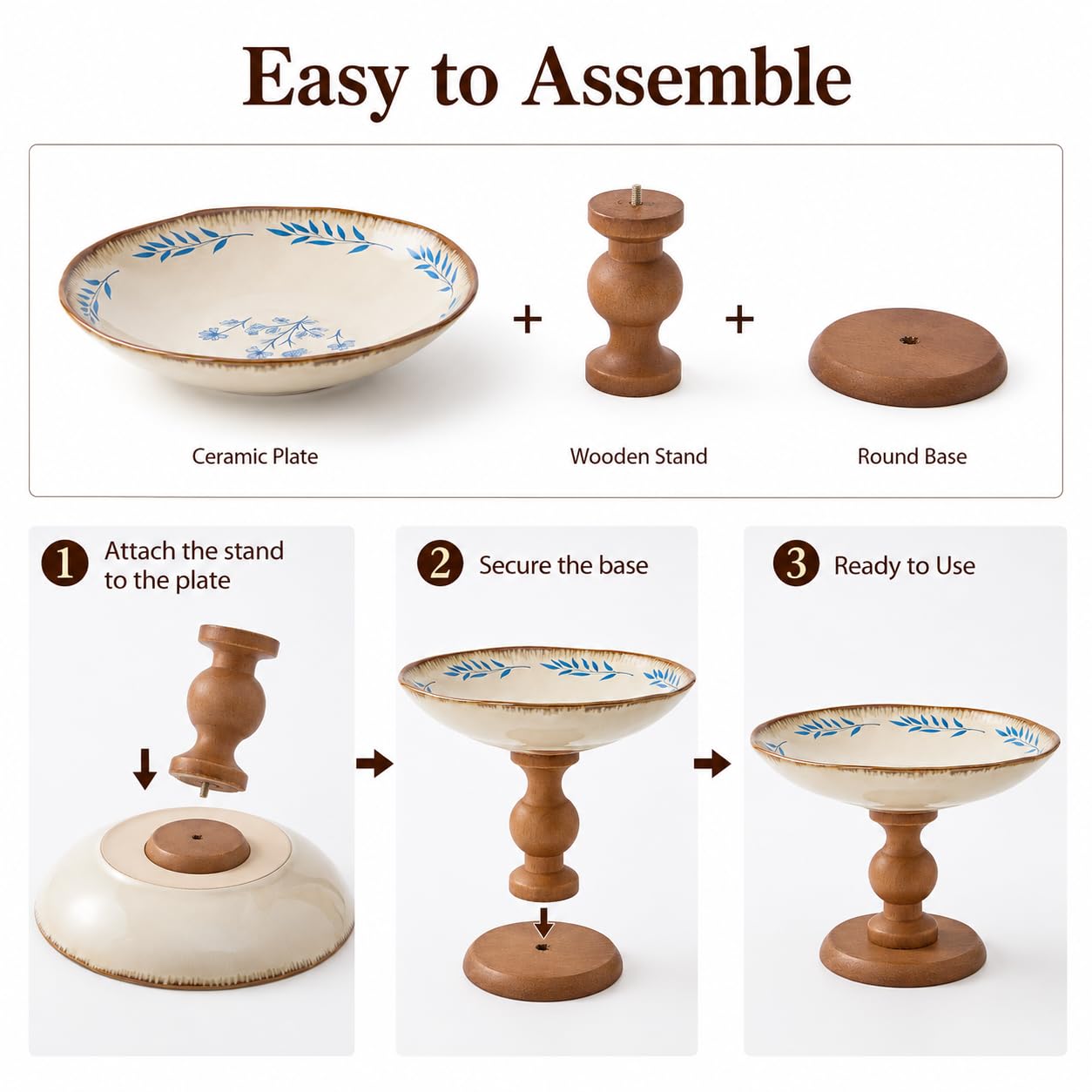 9″ Ceramic Pedestal Fruit Bowl with Removable Wooden Stand, Decorative Floral Serving Bowl for Kitchen Counter, Fruit, Desserts, Vegetables & Home Decor