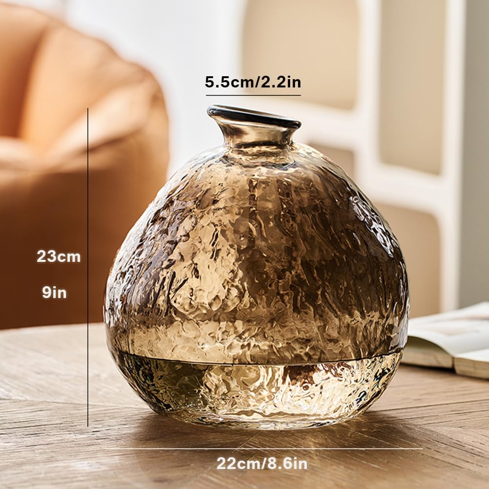 Unique Hammered Brown Glass Vase for Plants Decor Ribbed Embossed Flower Vases for Centerpieces Living Room Entrance Table Decoration,Brown