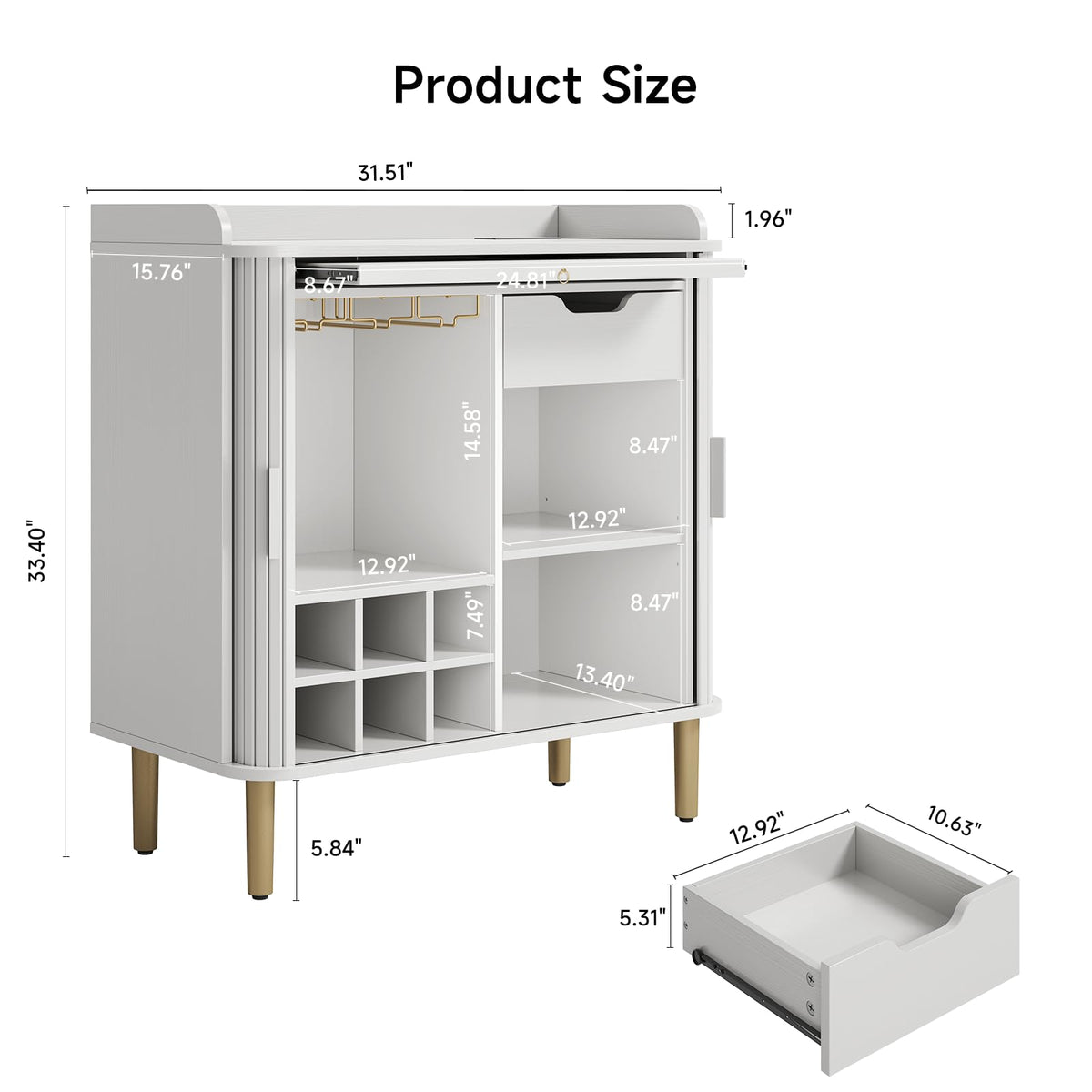 33" H Fluted Bar Cabinet with Storage, Wine Cabinet