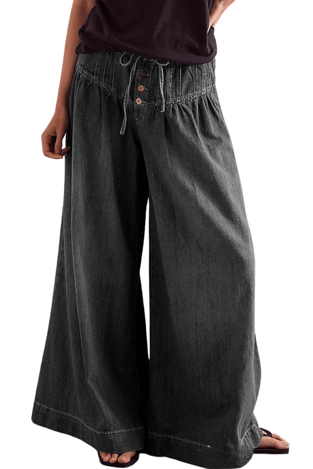 yoeasy Womens Wide Leg Jeans Elastic Drawstring Waisted Casual Loose Flare Denim Pants Baggy Boyfriend Jeans