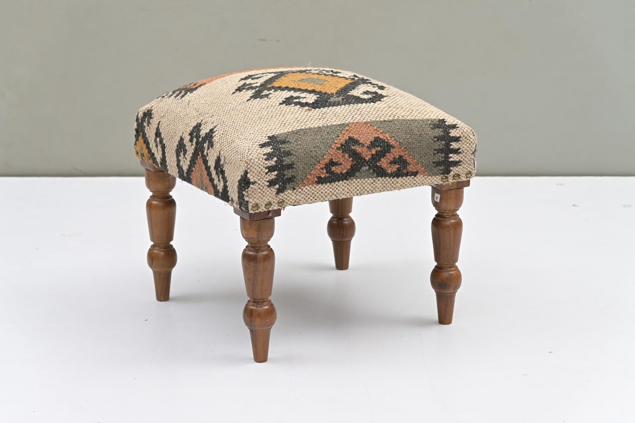Handmade Jute Ottoman Stool with Wooden Legs