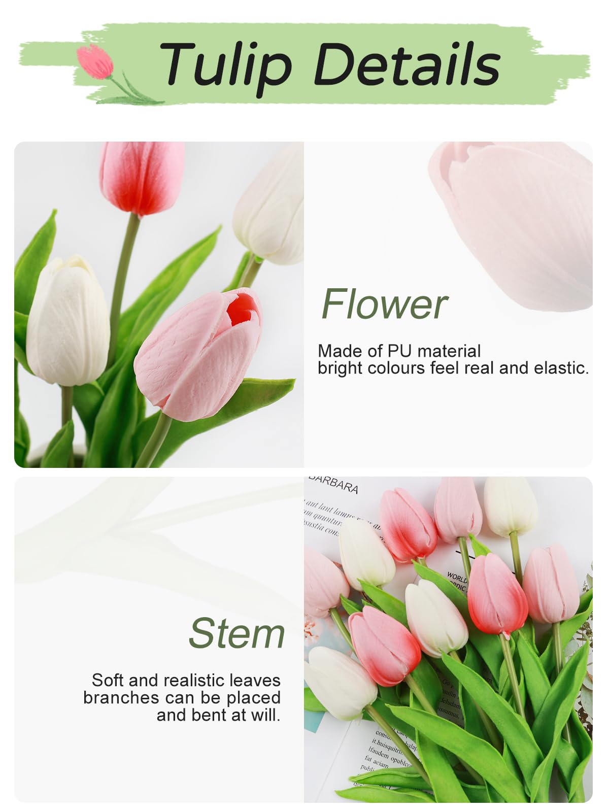 Beferr White Tulips Artificial Flowers 18Pcs Faux Silk Tulip Real Touch Tulip Fake Flowers Bouquets Arrangements for Mother's Day Easter Spring Flowers Gifts Home Table Decor