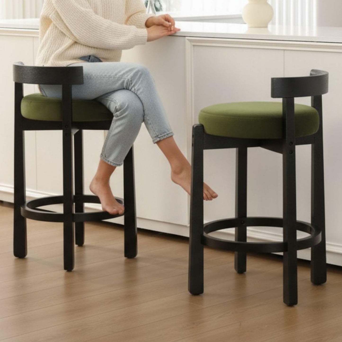 LukeAlon Mid Century Linen Counter Stools Set of 3, Upholstered 26.5" Seat Height Low Barstools with Natural Wood Legs Round Low Back Kitchen Stools with Footrest for Dining Room, Beige