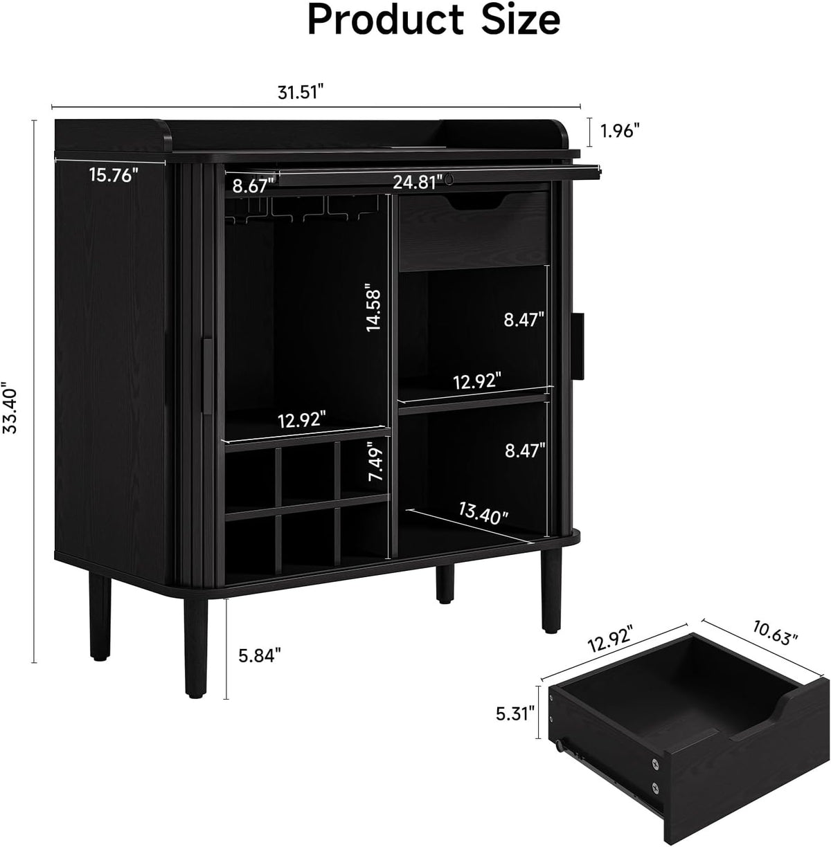 33" H Fluted Bar Cabinet with Storage, Wine Cabinet
