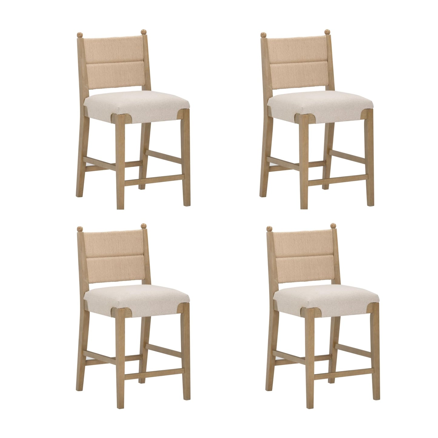 Nathan James Rikki Seagrass Bar Stool with Back, 2-Pack Boucle Counter Stool with Upholstered Seat, Solid Wood Frame, and Woven Seagrass Backrest