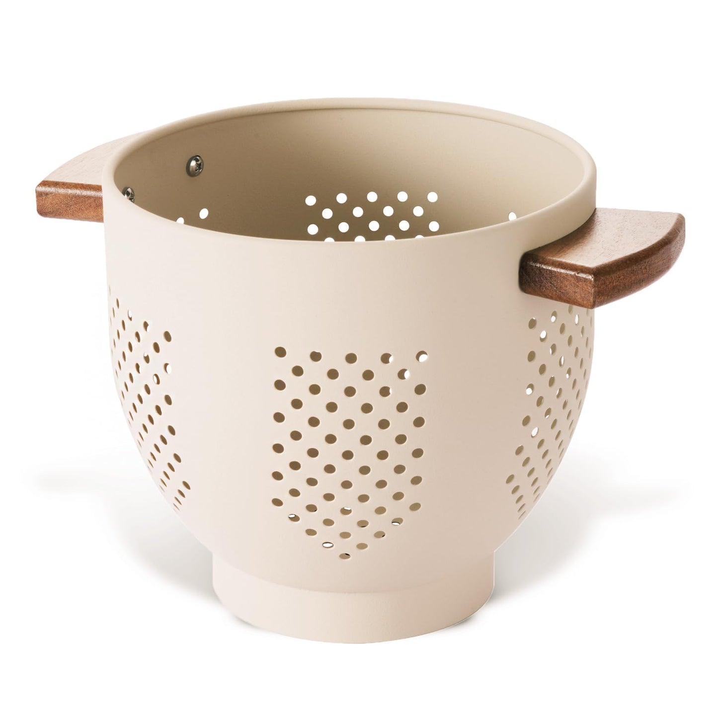 Metal Colander with Wood Handle and Stable Base, Powder Coated Steel Kitchen Strainer Basket for Draining Pasta, Vegetable and fruit(7quart,Sandyellow)