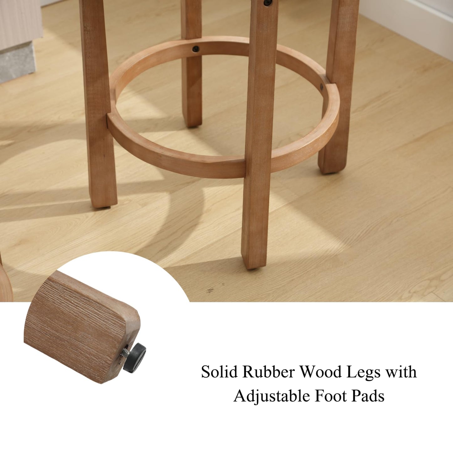 LukeAlon Mid Century Linen Counter Stools Set of 3, Upholstered 26.5" Seat Height Low Barstools with Natural Wood Legs Round Low Back Kitchen Stools with Footrest for Dining Room, Beige