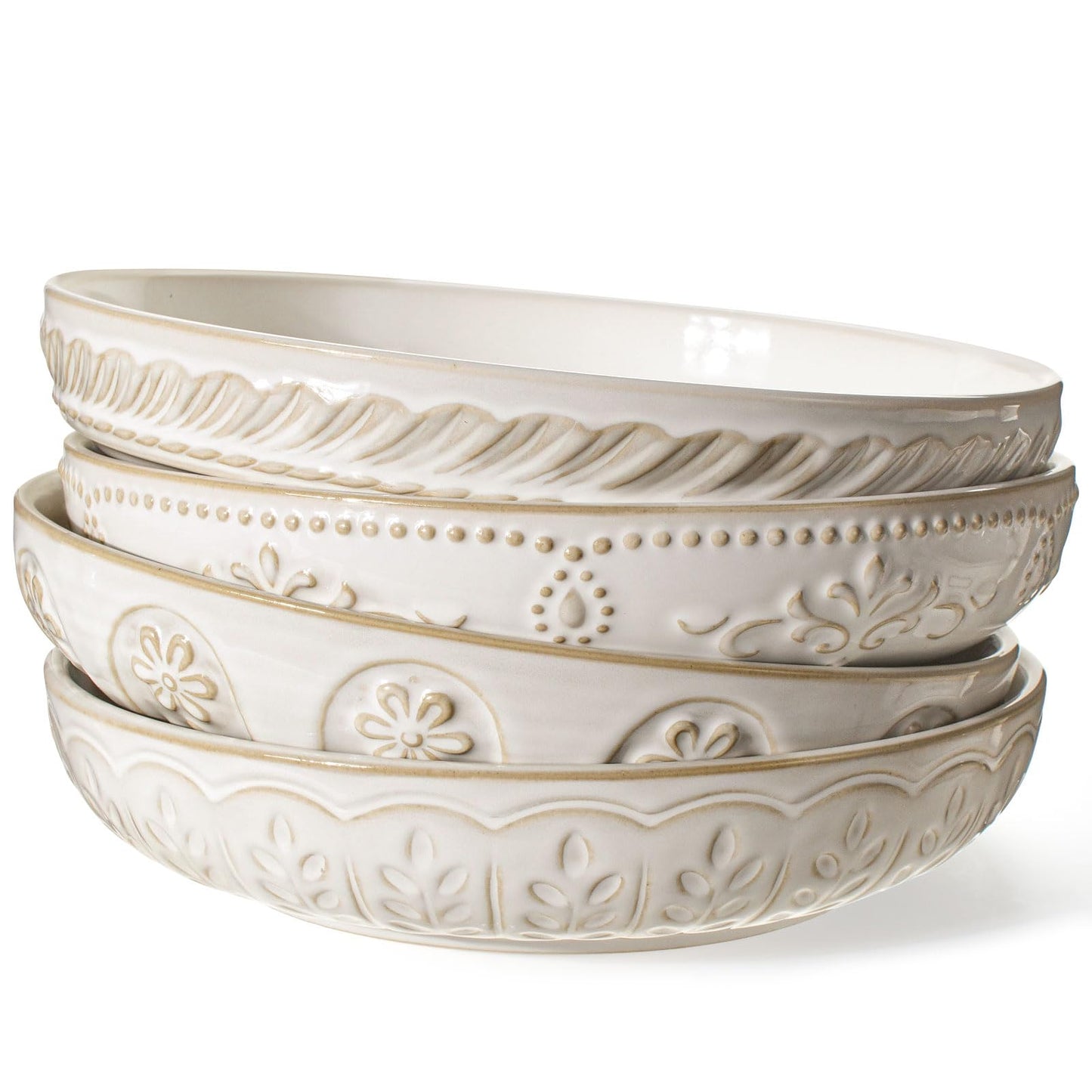 Artena Pasta Bowls, 50oz Large Salad Serving Bowls, 9.75'' Plates Bowl Set of 4, Big White Ceramic Soup Bowl for Kitchen, Embossment Shallow Dinner Bowl, Microwave Dishwasher Safe, Damask Floral