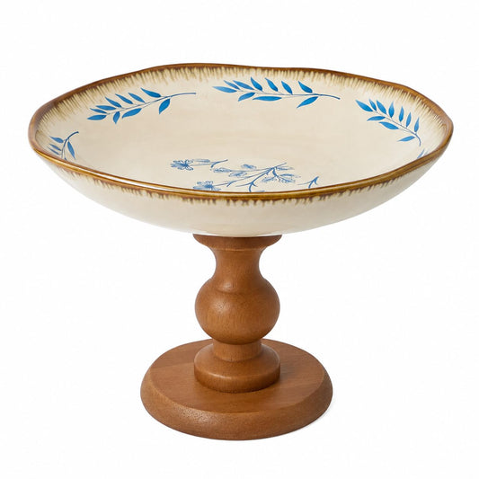 9″ Ceramic Pedestal Fruit Bowl with Removable Wooden Stand
