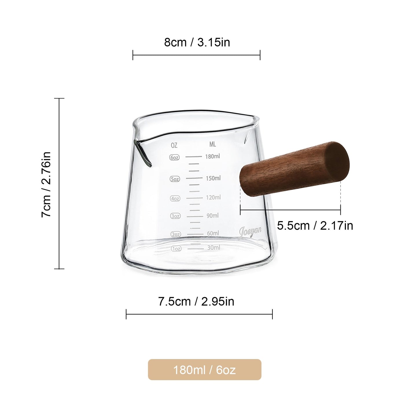 Joeyan 6 oz Glass Measuring Cups with Spout,Borosilicate Glass Triple Pitcher with Scale,Origami Style Espresso Shot Glasses with Wood Handle for Coffee Milk,Dishwasher Safe