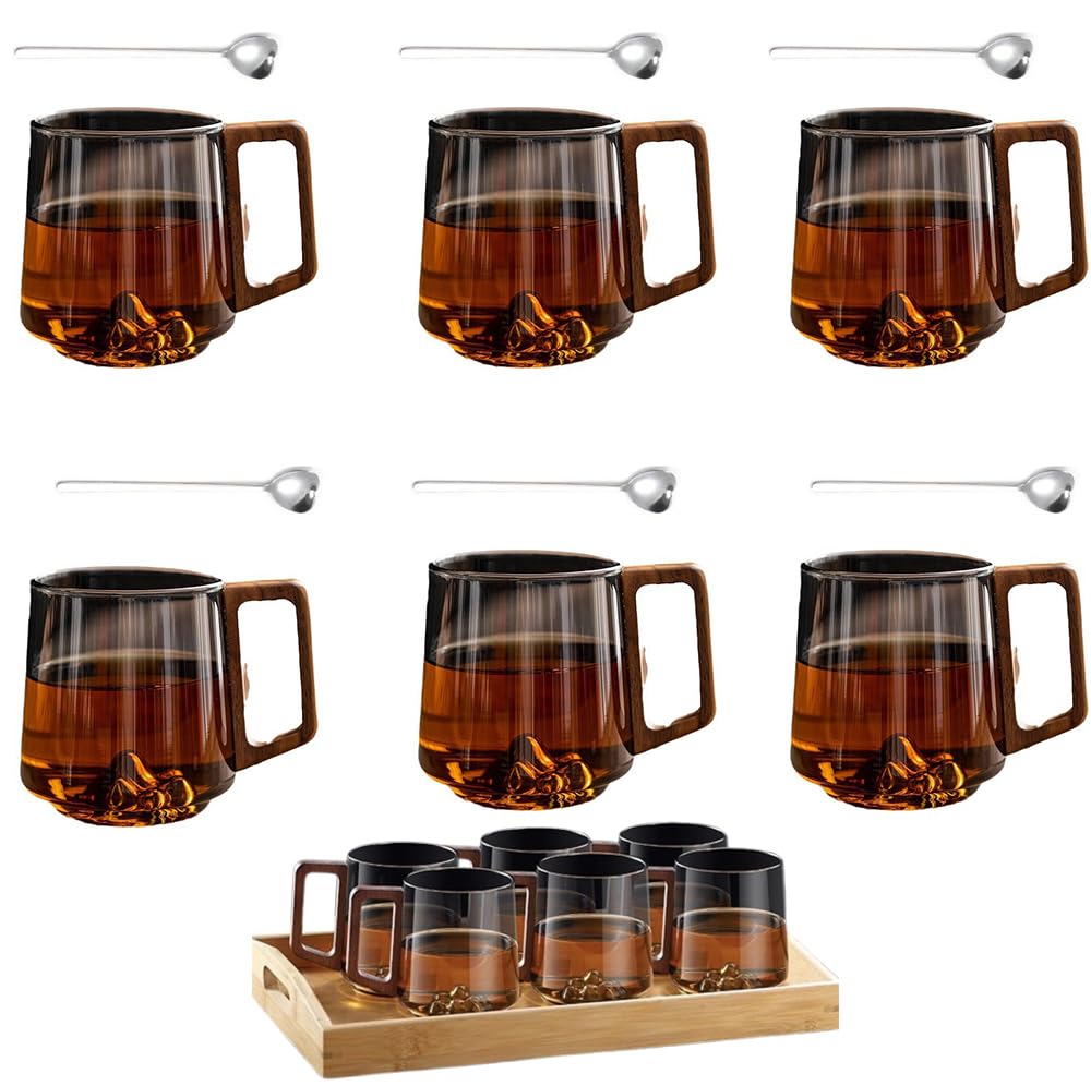 Smokey Glass Coffee Cups With Wooden Handle