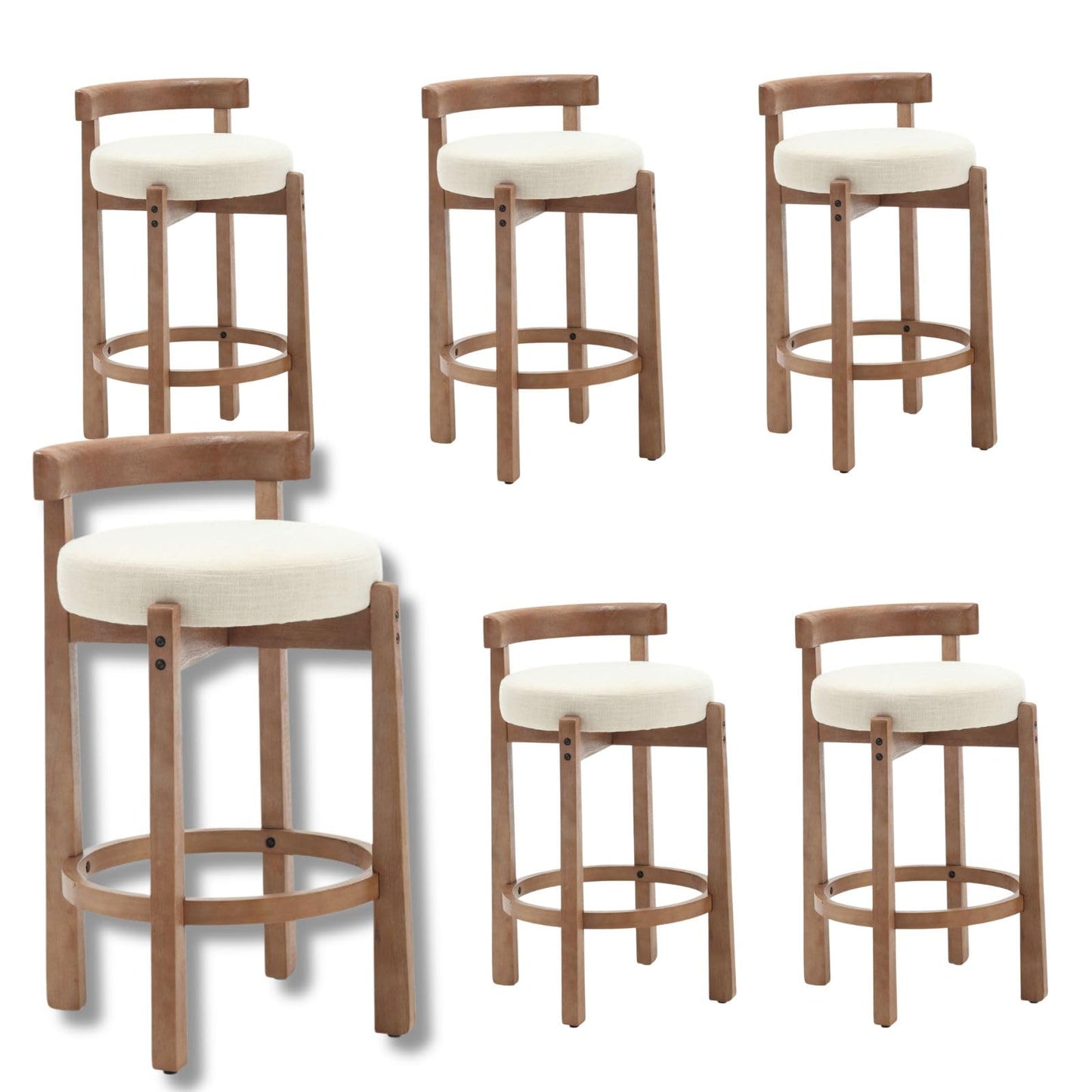 LukeAlon Mid Century Linen Counter Stools Set of 3, Upholstered 26.5" Seat Height Low Barstools with Natural Wood Legs Round Low Back Kitchen Stools with Footrest for Dining Room, Beige