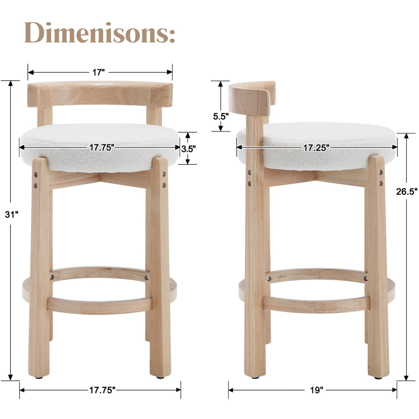 LukeAlon Mid Century Linen Counter Stools Set of 3, Upholstered 26.5" Seat Height Low Barstools with Natural Wood Legs Round Low Back Kitchen Stools with Footrest for Dining Room, Beige