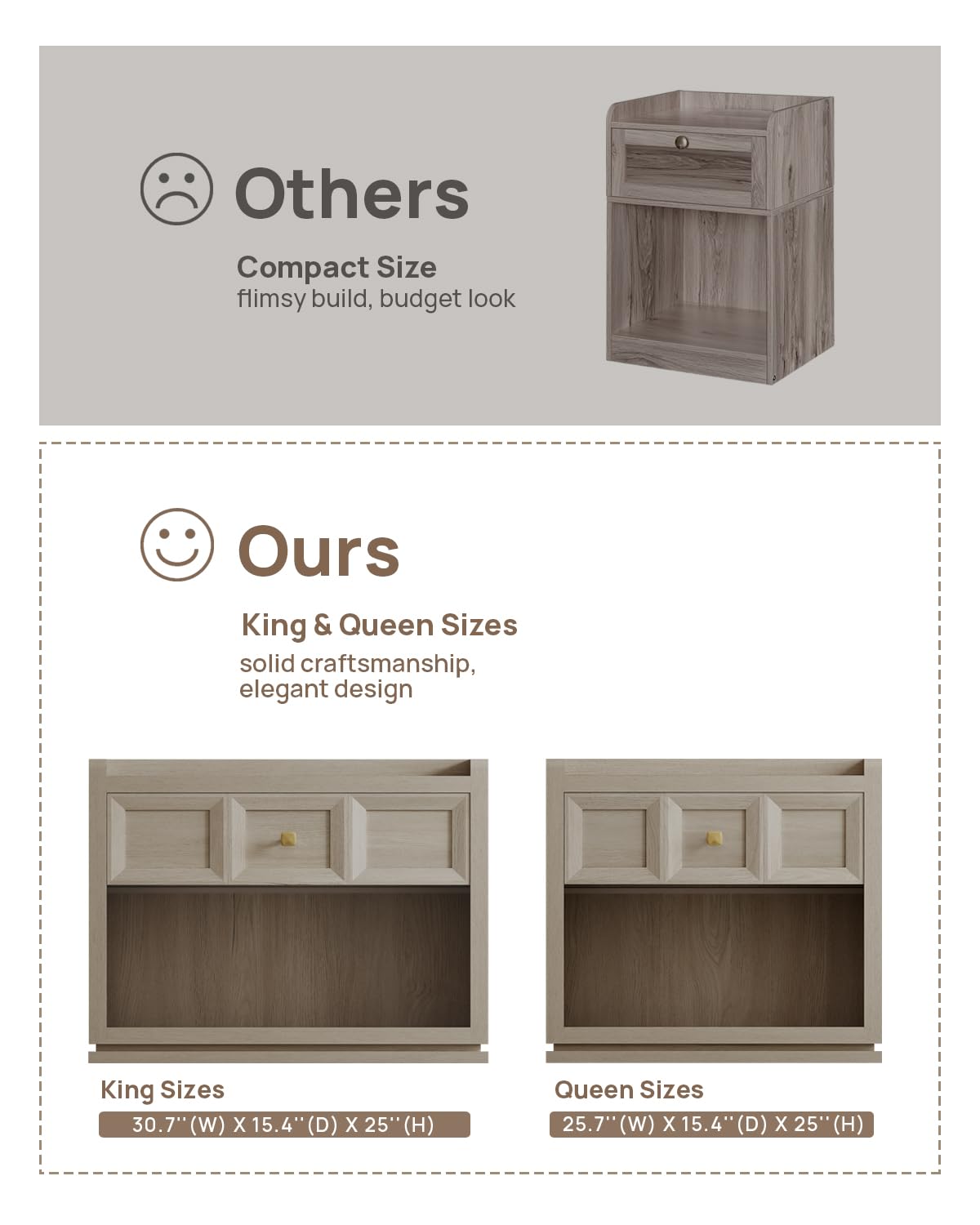 SICOTAS Night Stand Set 2, 26" Wide Nightstands with Drawer, Large Queen Size Nightstands Set of 2, Modern Bedside Table for Bedroom, Side End Table (Brown Oak, 26-Inch)