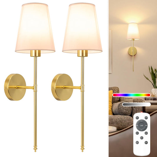 Gold Rechargeable Battery Operated Wall Sconce Set of 2, with Dimmable Bulbs and Remote