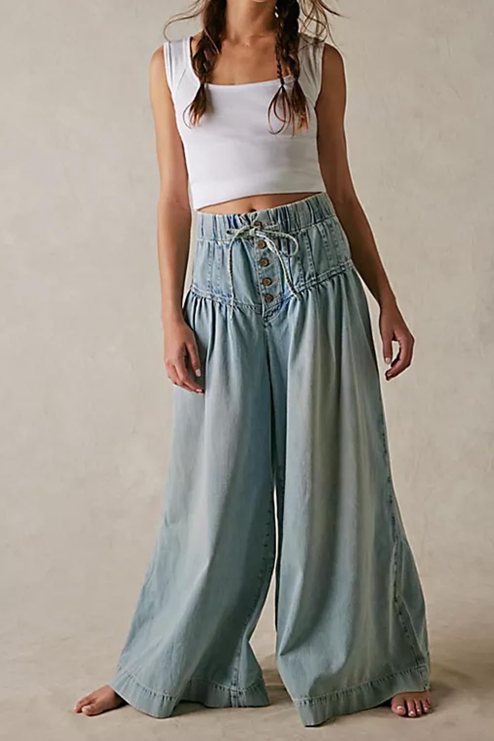 yoeasy Womens Wide Leg Jeans Elastic Drawstring Waisted Casual Loose Flare Denim Pants Baggy Boyfriend Jeans