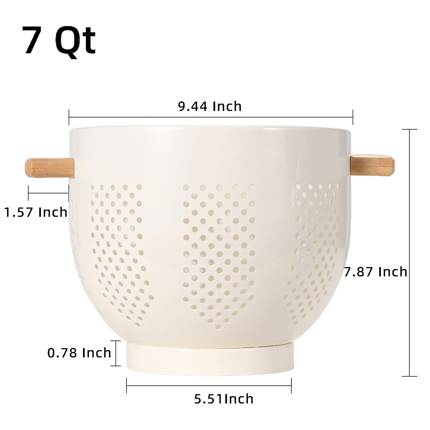Metal Colander with Wood Handle and Stable Base, Powder Coated Steel Kitchen Strainer Basket for Draining Pasta, Vegetable and fruit(7quart,Sandyellow)