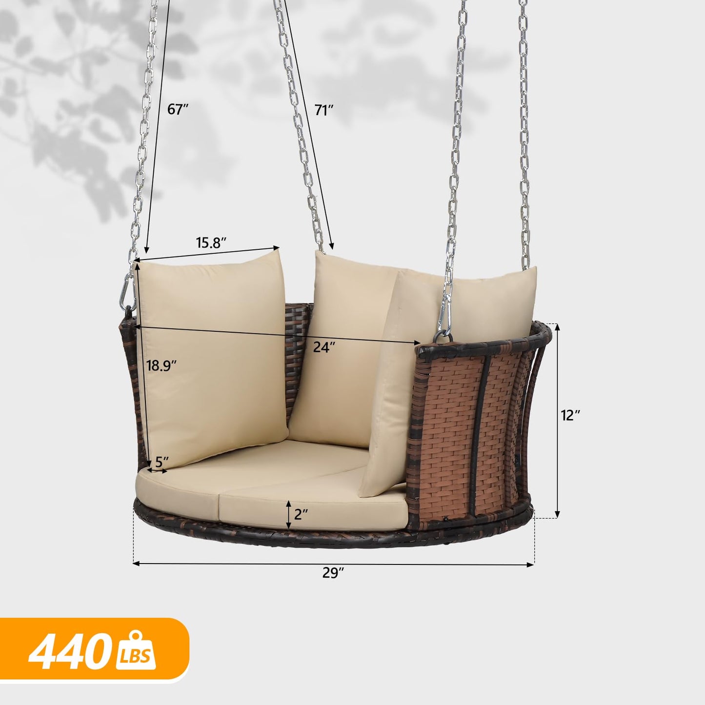 VINGLI 2.4 FT 1-Person Use Round Rattan Porch Swing Outdoor Support 440 LBS with Cushions & Adjustable Chains, Patio Wicker Swing Bench Chair for Garden, Yard, Lawn, Tree, Brown