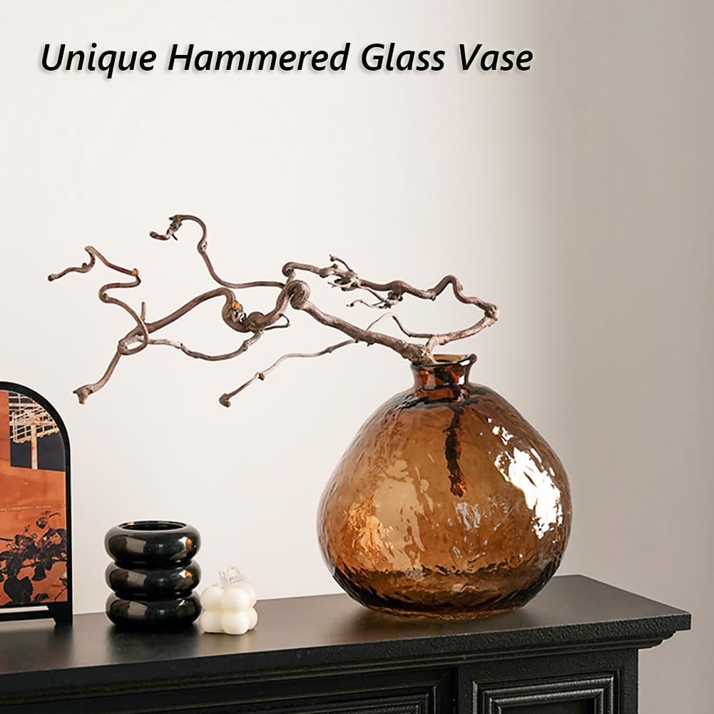 Unique Hammered Brown Glass Vase for Plants Decor Ribbed Embossed Flower Vases for Centerpieces Living Room Entrance Table Decoration,Brown