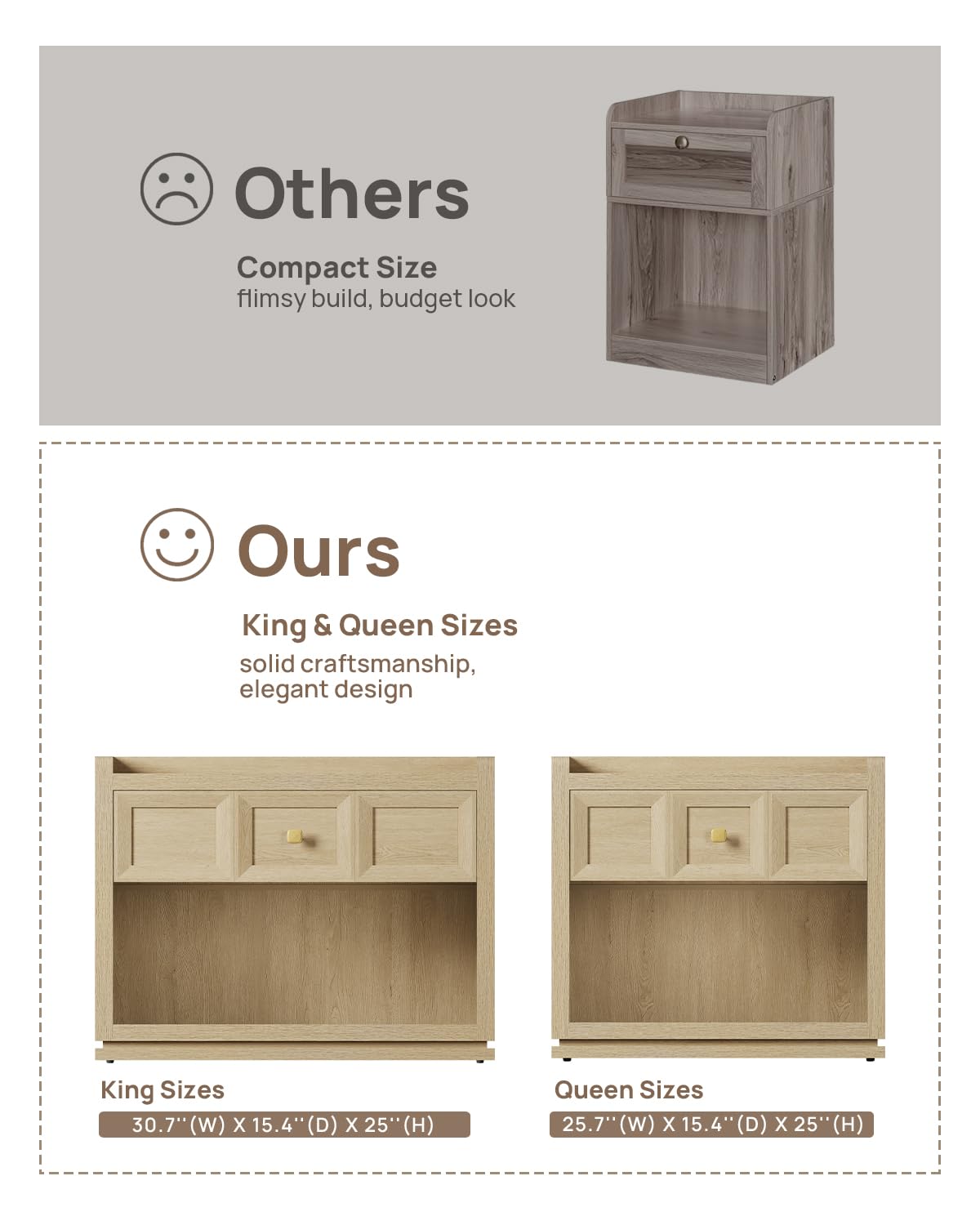 SICOTAS Night Stand Set 2, 26" Wide Nightstands with Drawer, Large Queen Size Nightstands Set of 2, Modern Bedside Table for Bedroom, Side End Table (Brown Oak, 26-Inch)